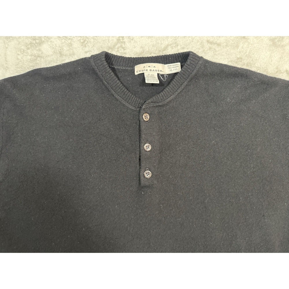VTG Eddie Bauer AKA Sweater Mens XL Black Lambswool‎ Henley Banded Bottom - Picture 5 of 13